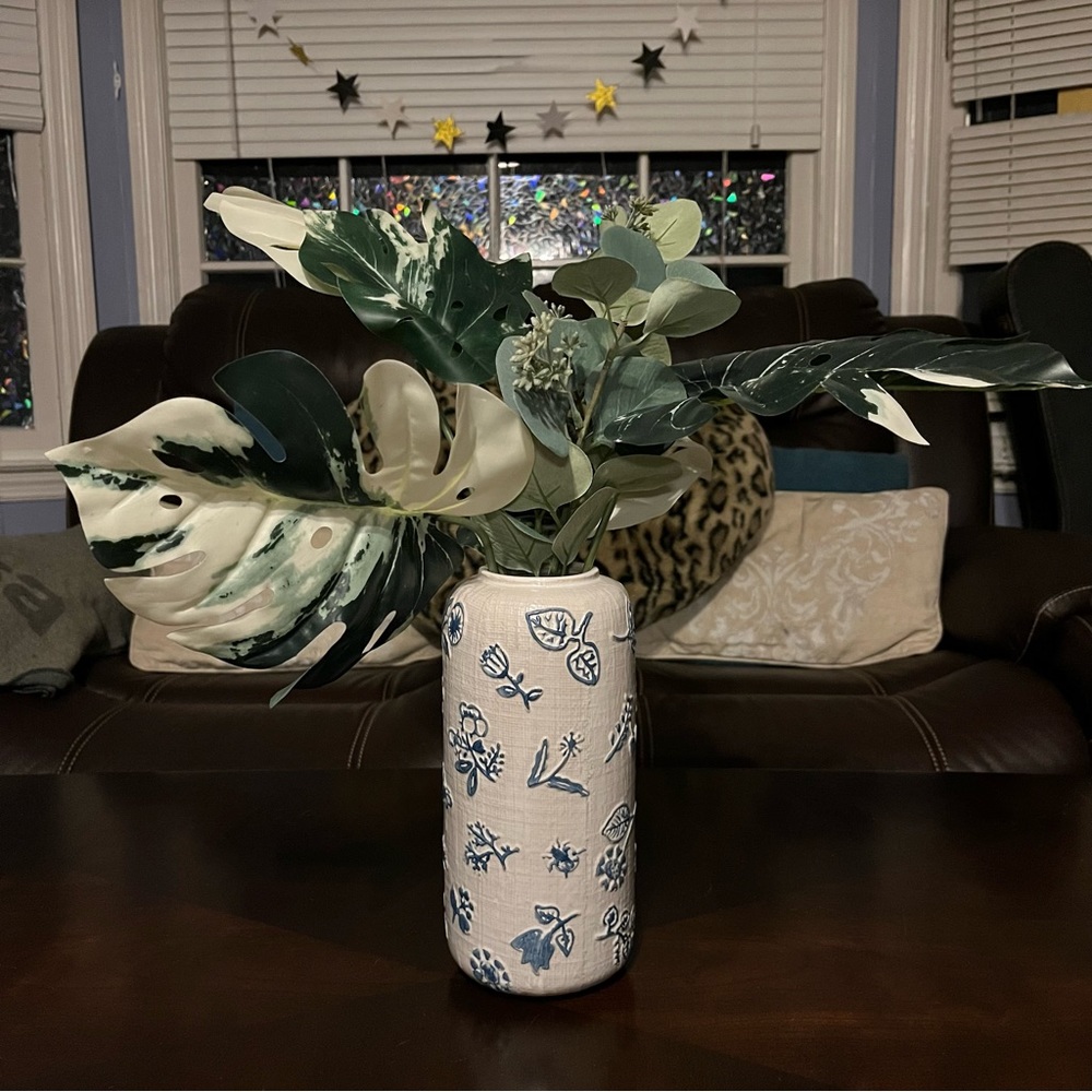 Stoneware Handcrafted Vase with fake green & white monstera & greenery plants